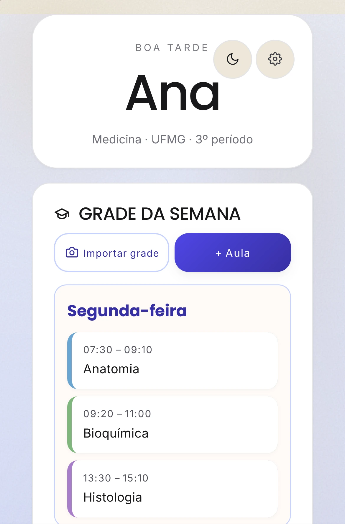 Agenda do Foca+ com a grade da semana e a lista de provas cadastradas do semestre.